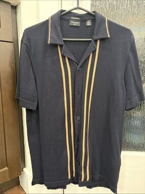 Strellson Navy Short-Sleeve Button-Down Shirt with Tan Stripes